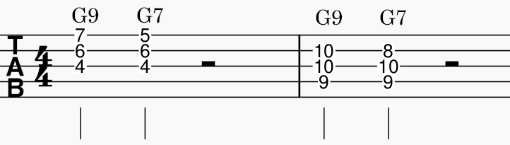 banjo chords that read G9 to G7. white banjo tab.