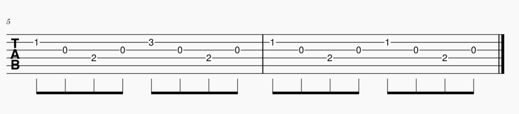 two measures of guitar tab with a c major crosspicking pattern