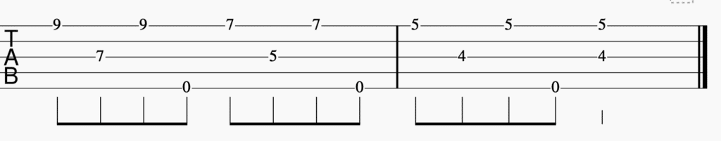 two measures of a G chord using a dillard roll, banjo tab