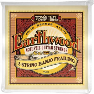 pack of banjo strings that reads Ernie ball Earthwood 5-string frailing strings
