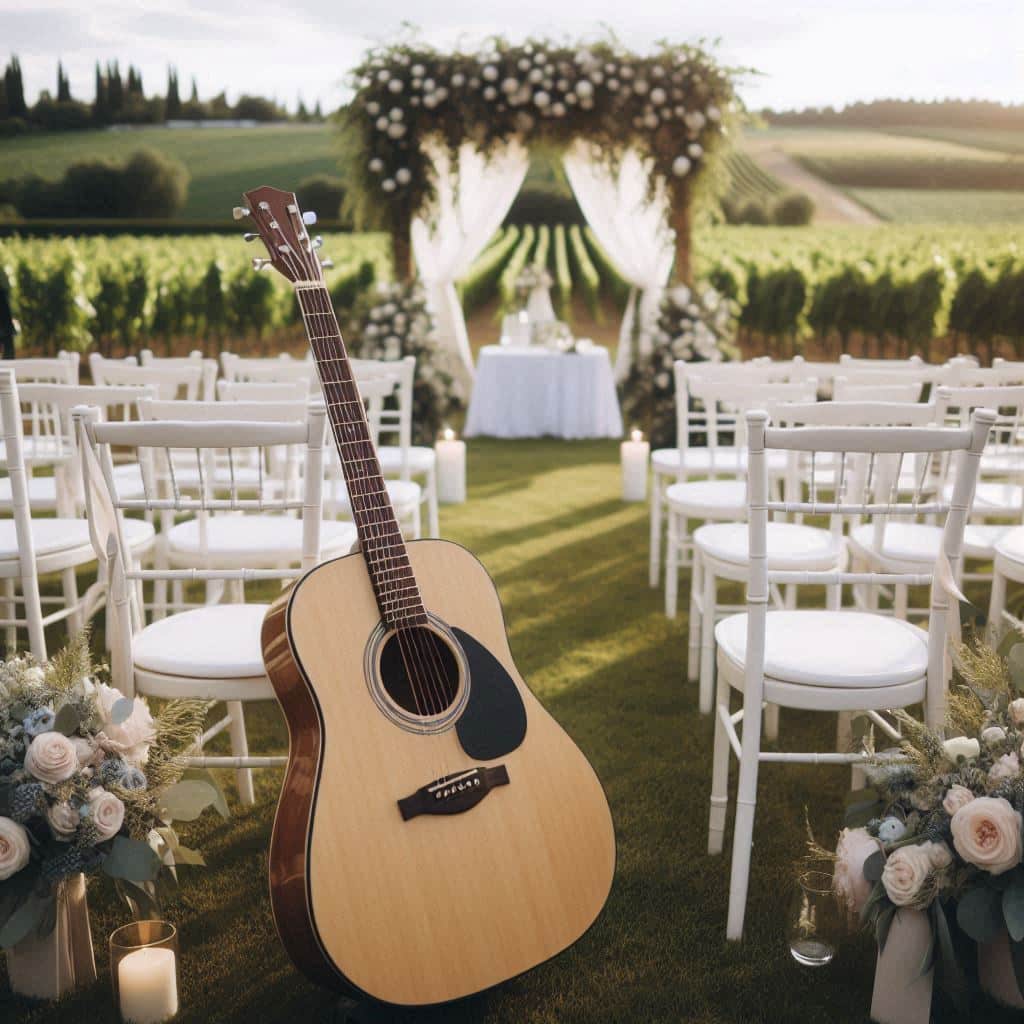 acoustic guitar sitting near white chairs during wedding ceremony