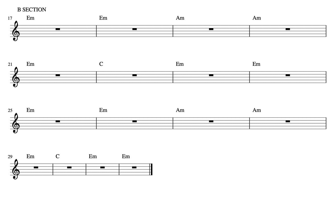 chord chart with B section written on it